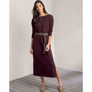 Garnet Hill Bateau Neck Knit Midi Dress med Side Slit Pockets Elastic Waistband
